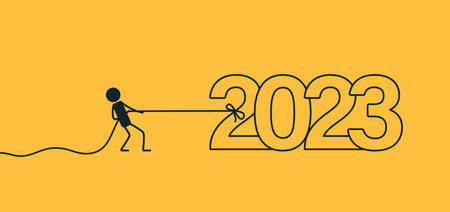 New Years illustration. A man is pulling 2023 by the rope. Vector image on a yellow background.のイラスト素材