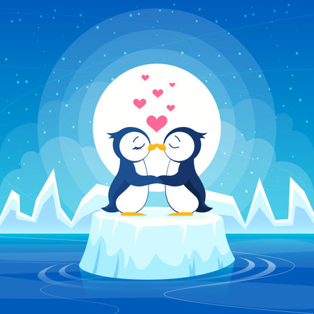 Vector penguins on an ice floe. Couple in love. Winter landscape.のイラスト素材