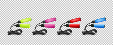 A set of jump ropes for jumping. Jumping rope. Vector illustration of sports equipment. An accessory for jumping. Jump ropes with colored handles on a transparent background.のイラスト素材