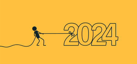 New Years illustration. A man is pulling 2024 by the rope. Vector image on a yellow background.