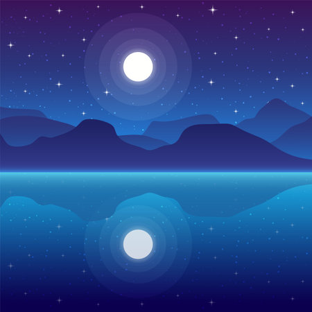 Mountains and sea. Vector illustration of a mountain landscape at night. Night landscape of mountains reflected in the water. Starry sky. Full moon.のイラスト素材