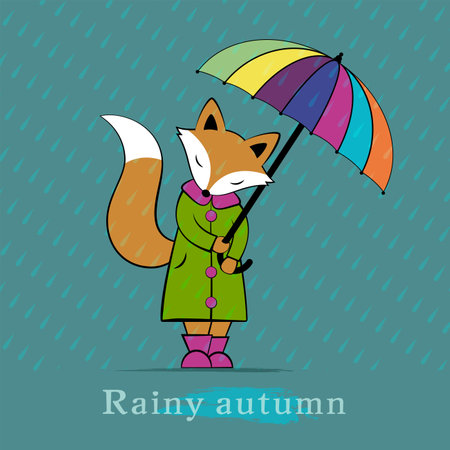 Fox under an umbrella. Rainy autumn. Walk under the rain. Children's drawing with a fox in a fur coat. Autumn postcard.のイラスト素材