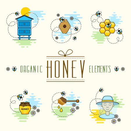 beekeeping. Bees and honey on the apiary. Farm life vector illustration. Set of icons in a linear style.のイラスト素材