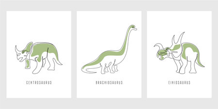 Dinosaur posters. A set of posters in a linear style. vector illustration. Abstract illustration isolated on white background. interior element.のイラスト素材