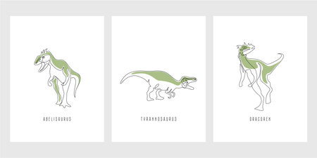 Dinosaur posters. A set of posters in a linear style. vector illustration. Abstract illustration isolated on white background. interior element.のイラスト素材