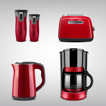 red appliances. kitchen accessories. Vector illustration of electrical appliances. Electric kettle, toaster, coffee maker, thermal cup. Realistic image.の写真素材