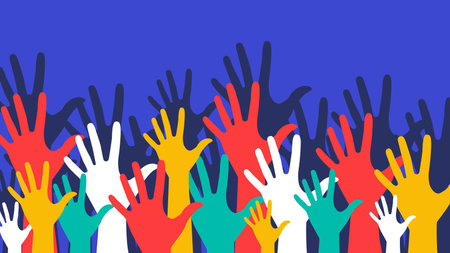 Vector illustration with colorful hands. Poster with human hands raised up. Hands of different colors on a blue background. Vote. Palms, fingers, hands.のイラスト素材