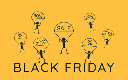 sale. discounts. Black Friday. Vector illustration with discounts in minimalist style. Minimalistic advertising poster on a yellow background. Falling prices. paratroopers.のイラスト素材