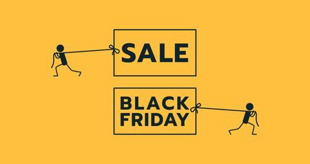 sale. Discounts. Black Friday. Vector illustration with discounts in minimalist style. Minimalistic advertising poster on a yellow background.のイラスト素材