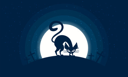 Happy Halloween. Vector illustration of a cat in the night forest. Full moon. Cemetery. Night landscape. Halloween card. Background for invitation to a party.のイラスト素材