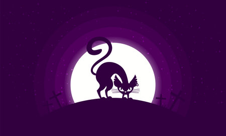 Happy Halloween. Vector illustration of a cat in the night forest. Full moon. Cemetery. Night landscape. Halloween card. Background for invitation to a party.のイラスト素材