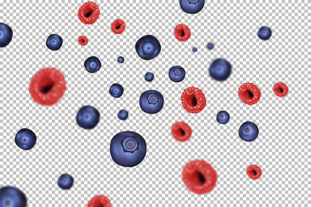 Berry background. Vector illustration of raspberries and blueberries. Juicy berry mix on a bright background. realism. Berries in motion with blur effect.のイラスト素材