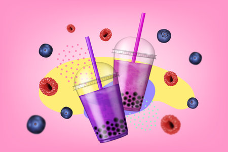 bubble tea. Bright poster with berries and bubble tea on a pink background. Asian drink with tapioca jelly balls. Fruit tea with tapioca pearls. tea bob. Realistic vector illustration. Advertising poster for a cafe.のイラスト素材