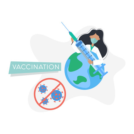 Vaccination. coronavirus vaccine. COVID-19. vector illustration. Vaccination campaign poster. Doctor with a vaccine.のイラスト素材
