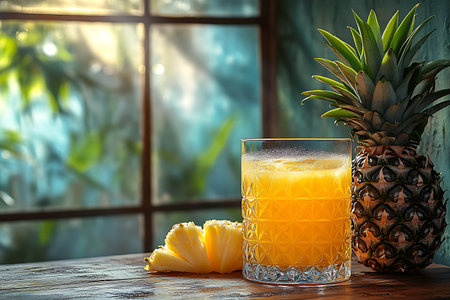 a refreshing glass of vibrant pineapple juice sits next to a whole pineapple and slices on a wooden table, illuminated by sunlight streaming through a windowの素材