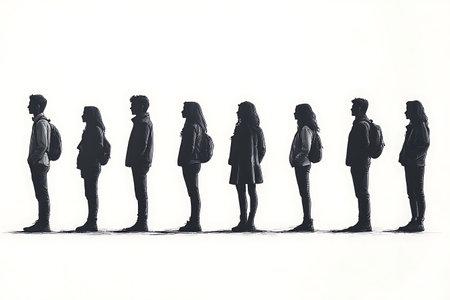 a monochrome silhouette image of diverse young adults with backpacks standing in line against a white background illustrates themes of education, community, and modern youth cultureの素材