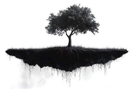 a striking monochrome illustration showcases a lone tree atop a floating island, its roots trailing below against a white background, the image evokes a surreal and environmental conceptの素材