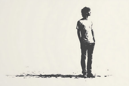 a young mans silhouette stands isolated against a bright background, lost in thought and looking away he is wearing a tshirt and jeans, creating a casual stylish imageの素材