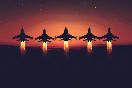 five fighter jets are taking off into a fiery sunset sky filled with stars the silhouette of aircraft represents power, speed, and military strengthの素材