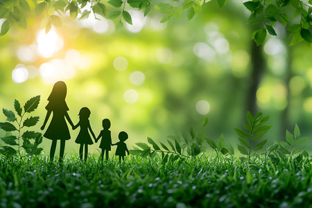 a silhouette of a mother holding hands with her three children stands amid lush green grass and foliage under a bright, sundrenched canopy, conveying themes of family, nature, and a hopeful futureの素材