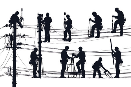 silhouette depicts utility workers in various positions, maintaining and repairing electrical power lines they are wearing safety gear and working on poles and wiresの素材