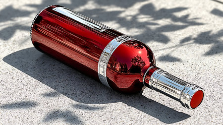 A close-up of a red metallic wine bottle lying on a textured concrete surface. The bottle has silver accents and reflects the surrounding environment. Shadows of leaves are cast across the concrete. The image is well-lit with sunlight.の素材