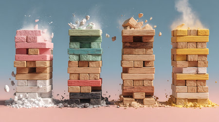 Four towers of colorful wooden blocks are depicted in a studio setting. The towers are in various stages of collapse, with dust and debris emanating from the top of each. The color palette includes pink, green, brown, and yellow blocks. The background is a gradient of blue and pink.の素材