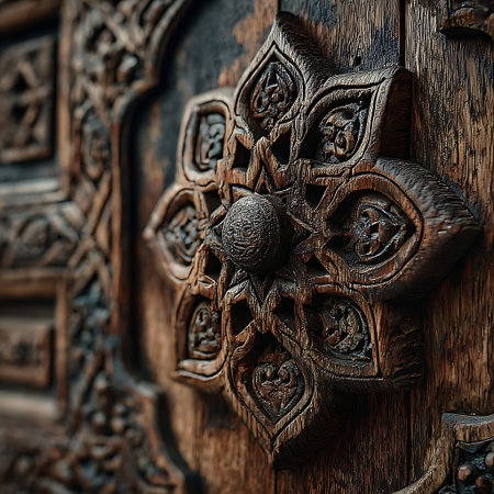 Close-up of a richly carved wooden door. The image focuses on a central floral ornament and a round knob. The wood has a dark brown color with visible grain and texture. The carving is intricate and detailed, showcasing traditional craftsmanship. The composition is a close-up, emphasizing the texture and detail.の素材