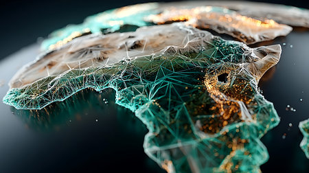An abstract representation of the Earth, focused on the African continent. The image features a geometric design with interconnected lines and glowing dots in teal and gold hues. The composition is set against a dark background, creating a sense of depth and highlighting the illuminated elements. The style is modern and futuristic, suggesting data and network connections.の素材
