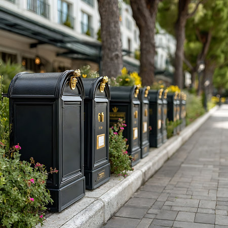 A row of black mailboxes with gold accents lines a sidewalk. The mailboxes have a classic design and are placed next to a curb with plants and flowers. Trees and a building are visible in the background. The scene is bathed in sunlight.の素材