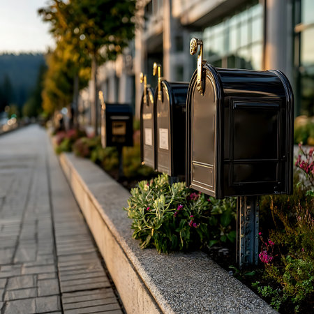 A row of black mailboxes stands along a sidewalk. The mailboxes are mounted on metal posts and have gold-colored accents. Greenery and flowers are planted in a concrete curb in front of the mailboxes. Buildings are visible in the background. The image is taken during the daytime.の素材