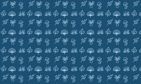 Repeating pattern of blue outline drawings of plants, mushrooms, and leaves on dark blue.