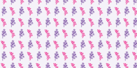 A repeating pattern of pink and purple floral sprigs on a light purple background.