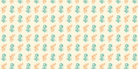 Repeating pattern of orange and teal floral designs on a cream background Clear details and vibra...