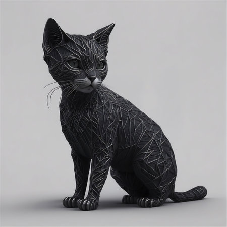 3D rendering of a black cat isolated on a white background.の素材