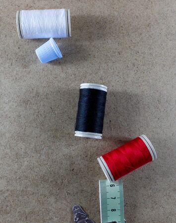 needle and thread red white black purpleの写真素材