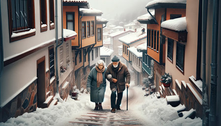 Elderly couple walking in a snowy street of the old townの素材