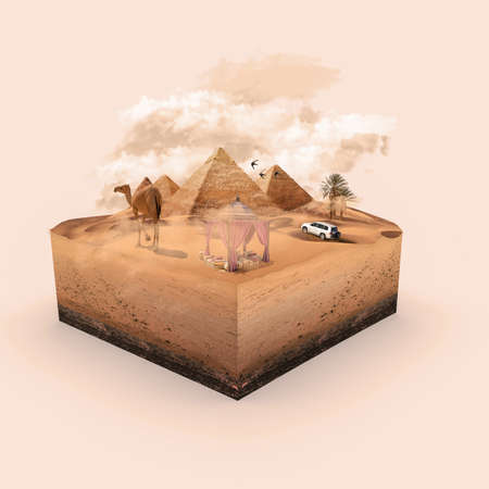 Desert 3d box manipulation. Camel and car driving in the desert. Pyramids. Swift bird Desert tent. 3D illustration. Manipulation collage pyramids desert.の写真素材