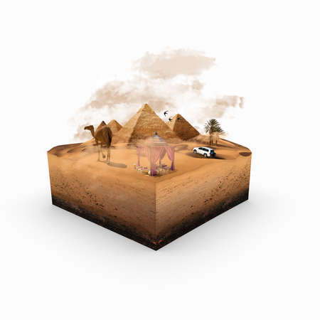 Desert 3d box manipulation. Camel and car driving in the desert. Pyramids. Swift bird Desert tent. 3D illustration. Manipulation collage pyramids desert. White background.の写真素材