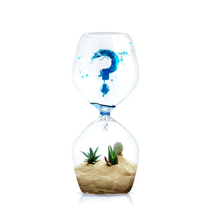 Sand watch. The hourglass is about climate change and water depletion. 3D illustration. Hourglass, water droplets, dry land. White background with clipping pat. Flower blooming in the desert.の写真素材