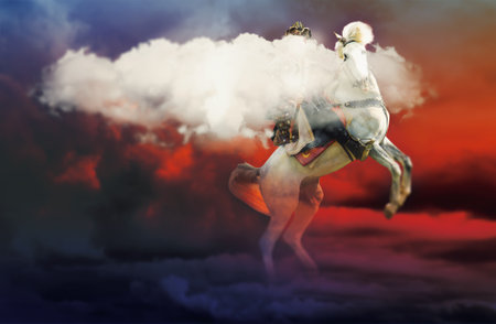 Ottoman soldier stands on horse. Book cover design.の写真素材