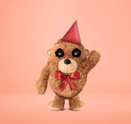 The plush bear salutes. Plush bear character reinterpreted with photo manipulation. Cute plush bear. Valentine's Day. 3D illustration. Plush bear character design.の写真素材