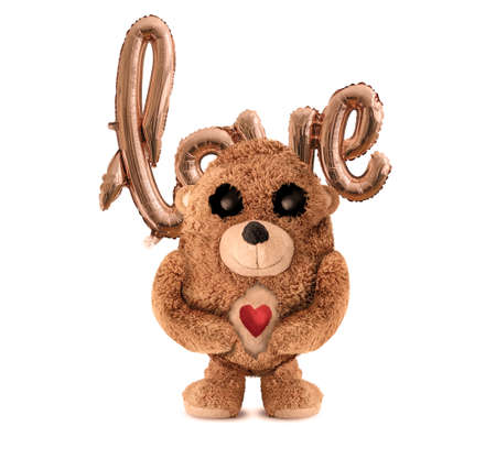 The plush bear is ready for Valentine's Day. Photo manipulation. Cute plush bear. Valentine's Day. 3D illustration. Plush bear character design. White background.の写真素材