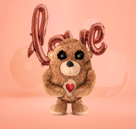 The plush bear is ready for Valentine's Day. The plush bear character has been reinterpreted with photo manipulation. Cute plush bear. Valentine's Day. 3D illustration. Plush bear character design.の写真素材