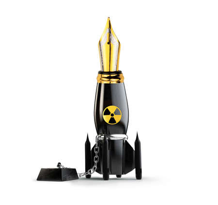 Nuclear missile cap. Nuclear missile header symbolized with pencil. Atomic nuclear bomb. 3D rendering. Photo manipulation.の写真素材
