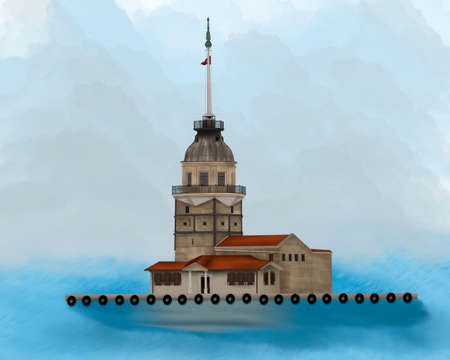 Maiden's Tower, foggy weather, sea, digital paintingの写真素材