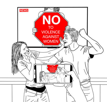 No to violence against women. A woman holding a symbolic stop sign on violence against women. Vector drawing.の写真素材