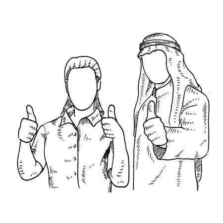 a woman and a man standing with their thumbs up. Retro vintage sketch vector illustration. Engraving style. black isolated on white background. vector draw graphic design illustration sketch.のイラスト素材