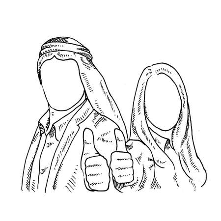 a woman and a man standing with their thumbs up. Retro vintage sketch vector illustration. Engraving style. black isolated on white background. vector draw graphic design illustration sketch.のイラスト素材