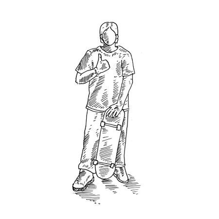 a man standing holding a skateboard raises his right thumb. Retro vintage sketch vector illustration. Engraving style. black isolated on white background. vector draw graphic design illustration sketch.のイラスト素材